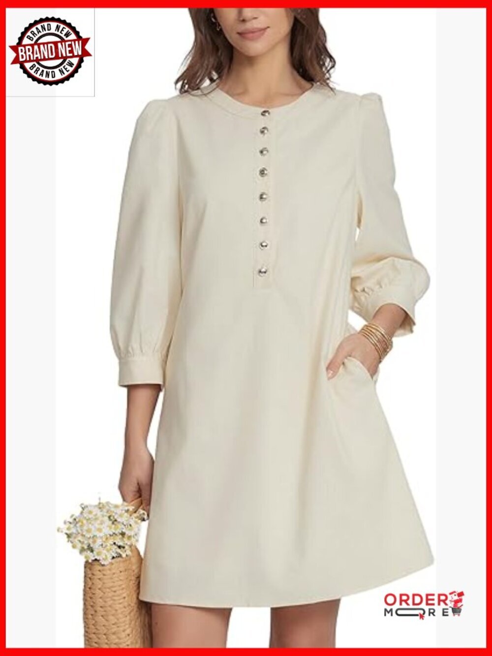 Mini Shift Dress Button Up 3/4 Puff Sleeve Crew Neck Business Casual Office